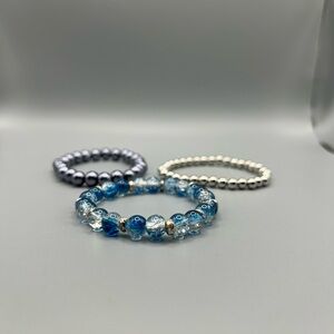 Blue Glass Bead Stretch Bracelet with Silver Accents - Handmade #B0118T